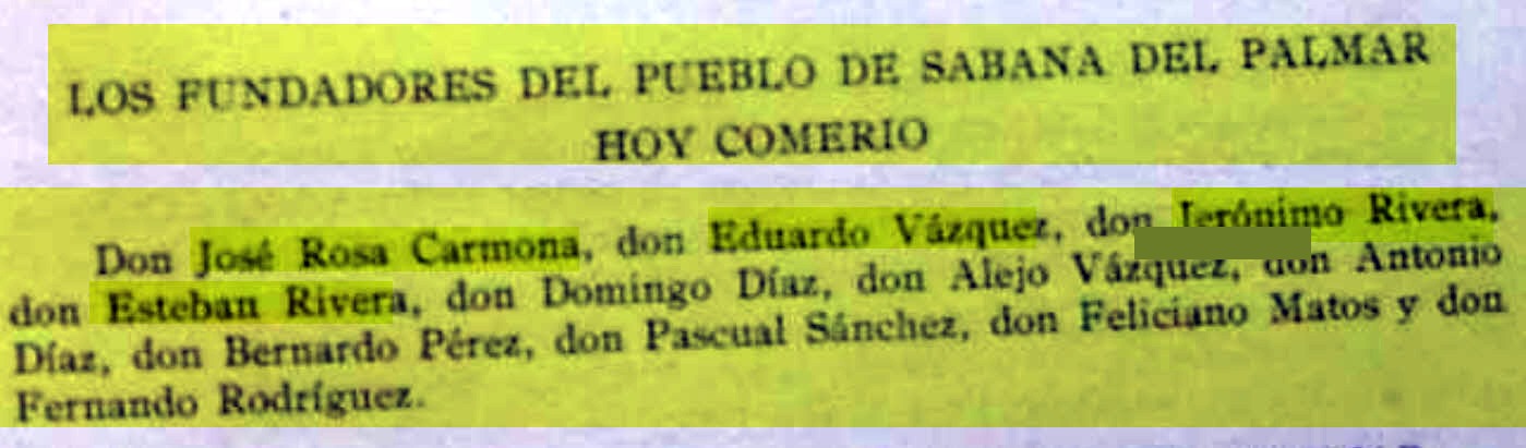 Page from 'Comerío y su gente' listing the founders of Sabana del Palmar