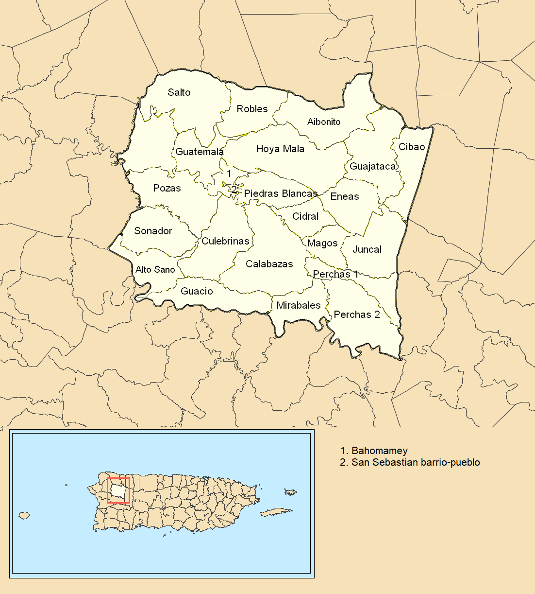 Map of San Sebastián, Puerto Rico barrios. Image by The Eloquent Peasant via Wikimedia Commons, licensed under CC BY-SA 4.0. No changes made.